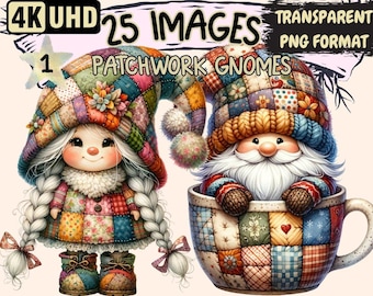 Patchwork Gnomes Clipart – 25 PNG Cottagecore Graphics (Commercial Use)