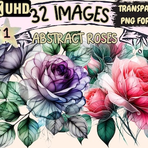 Abstract Roses Clipart - 32 PNG Artistic Floral Graphics, Beautiful Modern Rose Designs, Instant Digital Download, Unlimited Commercial Use