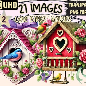 Love Birds' Houses (P2) Clipart - 21 PNG Charming Birdhouse Romantic Illustrations, Instant Digital Download, Unlimited Commercial Use