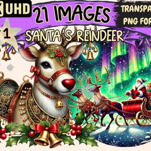 Santa's Reindeer Clipart - 21 PNG Festive Reindeer Illustrations, Christmas Art, Instant Digital Download, Unlimited Commercial Use Crafts