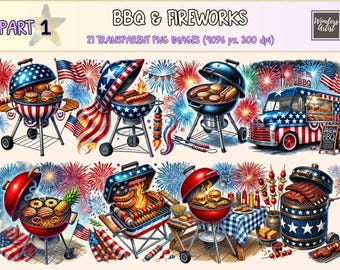 BBQ & Fireworks Clipart - 21 PNG Patriotic Grilling Graphics, Red White Blue BBQ Illustrations, Instant Digital Download, Commercial Use
