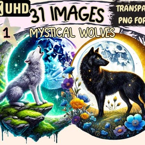 May include: A digital illustration of two wolves howling at the moon. The wolf on the left is white and the wolf on the right is black. Both wolves are surrounded by flowers and stars. The text "4K UHD 31 IMAGES PART 1 MYSTICAL WOLVES TRANSPARENT PNG FORMAT" is at the top of the image.