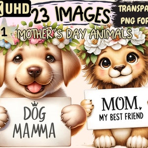 Mother's Day Animals Clipart - 23 PNG Mom's Day Pet Graphics, Wholesome Cute Printables, Instant Digital Download, Unlimited Commercial Use