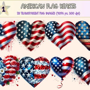 American Flag Hearts Clipart - 28 PNG Patriotic Heart Graphics, Red White Blue Love Illustrations, Instant Digital Download, Commercial Use