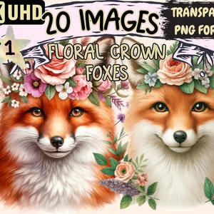 Floral Crown Foxes Clipart - 20 PNG Adorable Fox Graphics, Floral Printables, Instant Digital Download, Unlimited Commercial Use for Crafts