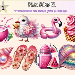 Pink Summer Clipart - 47 PNG Bright Seasonal Graphics, Feminine Illustrations, Tropical Printables, Instant Digital Download, Commercial Use