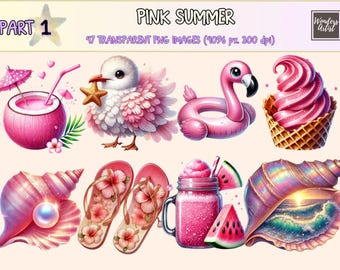 Pink Summer Clipart – 47 Watercolor PNG Graphics (Commercial Use)