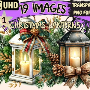 Christmas Lanterns Clipart - 19 PNG Festive Lantern Illustrations, Holiday Art, Instant Digital Download, Unlimited Commercial Use Crafts