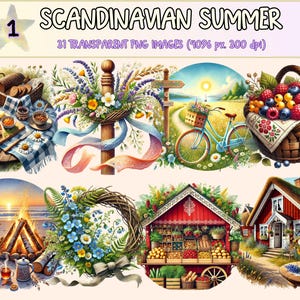 Scandinavian Summer Clipart - 31 PNG Nordic Floral Folk Graphics, Midsommar Festival Illustrations, Instant Digital Download, Commercial Use