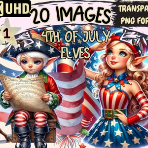 4th of July Elves Clipart - 20 PNG Festive Elf Graphics, Patriotic Printables, Instant Digital Download, Unlimited Commercial Use for Crafts