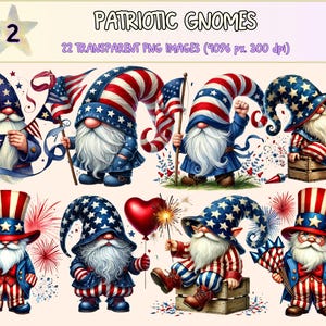 Patriotic Gnomes (P2) Clipart - 22 PNG USA 4th Of July Graphics, Red White & Blue Illustrations, Instant Digital Download, Commercial Use