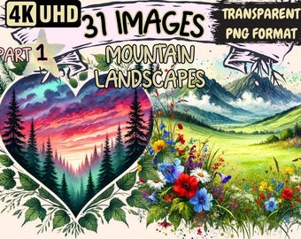 Scenic Mountain Landscapes Clipart – 31 PNG Graphics (Digital Download)