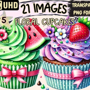 Floral Cupcakes (P5) Clipart - 21 PNG Flower Cupcake Illustrations, Dessert Art, Instant Digital Download, Unlimited Commercial Use Crafts