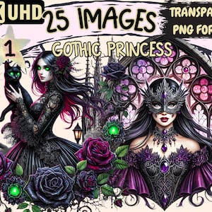 Gothic Princess Clipart - 25 PNG Dark Royalty Illustrations, Mysterious Fantasy Art, Instant Digital Download, Unlimited Commercial Use
