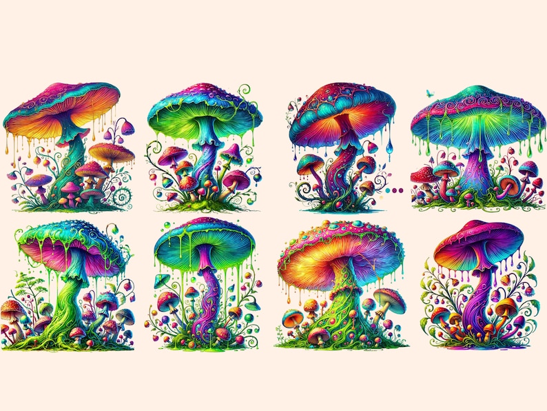 May include: Eight colorful, psychedelic mushrooms with dripping paint, surrounded by smaller mushrooms and vines. The mushrooms are in various shades of blue, green, red, yellow, and purple.
