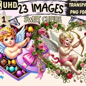 Sweet Cupids Clipart - 23 PNG Adorable Cupid Illustrations, Valentine&#39;s Day Graphics, Instant Digital Download, Unlimited Commercial Use