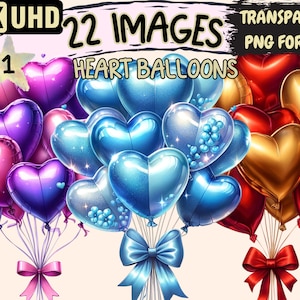 Heart Balloons Clipart - 22 PNG Cute Love Balloons Graphics, Valentine's Day Printables, Instant Digital Download, Unlimited Commercial Use