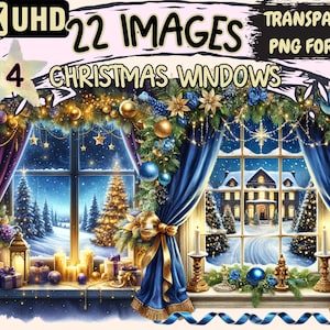 May include: A digital illustration of a window with a view of a snowy winter scene. The window is decorated with blue curtains, gold ribbon, and Christmas lights. The window is framed by a garland of evergreen branches, red berries, and gold ornaments. The text "4K UHD 22 IMAGES PART 4 CHRISTMAS WINDOWS TRANSPARENT PNG FORMAT" is visible at the top of the image.