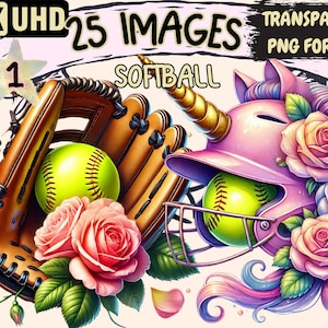 Softball Clipart - 25 PNG Pink Sporty Illustrations, Athletic Ball Game Art, Instant Digital Download, Unlimited Commercial Use for Crafts