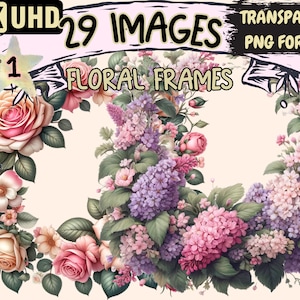 Flower Frames Clipart - 29 PNG Elegant Floral Frame Graphics, Botanical Printables, Instant Digital Download, Unlimited Commercial Use
