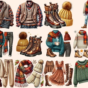 Op de afbeelding: Een verzameling herfst- en winterkleding, waaronder truien, vesten, laarzen, hoeden, sjaals en broeken. Het kleurenpalet bevat warme tinten zoals bruin, oranje en groen, met ruit- en kabelbreipatronen. De outfits zijn gestyled voor koud weer.