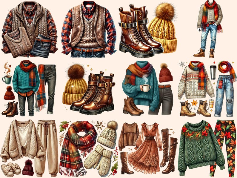 Op de afbeelding: Een verzameling herfst- en winterkleding, waaronder truien, vesten, laarzen, hoeden, sjaals en broeken. Het kleurenpalet bevat warme tinten zoals bruin, oranje en groen, met ruit- en kabelbreipatronen. De outfits zijn gestyled voor koud weer.