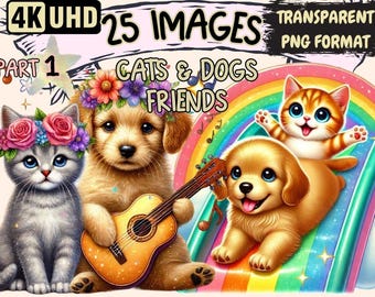 Cats & Dogs Friends Clipart - 25 PNG Little Pet Illustrations, Cute Animal Art, Instant Digital Download,Unlimited Commercial Use for Crafts