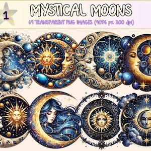 Mystical Moons Clipart - 64 PNG Enigmatic Moon Graphics, Celestial Printables, Instant Digital Download, Unlimited Commercial Use for Crafts