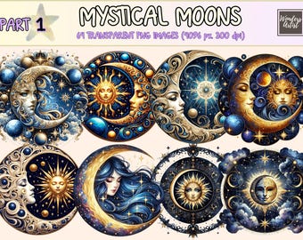 Mystical Moons Clipart - 64 PNG Enigmatic Moon Graphics, Celestial Printables, Instant Digital Download, Unlimited Commercial Use for Crafts