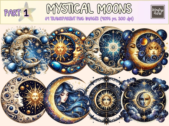 Mystical Moon Clipart – Celestial PNG Graphics (Digital Download)
