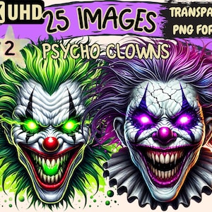 Psycho Clowns (P2) Clipart - 25 PNG Creepy Clown Graphics, Horror Circus Printables, Instant Digital Download, Unlimited Commercial Use