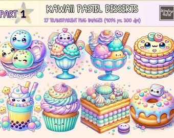Kawaii Pastel Desserts Clipart - 27 PNG Cute Sweet Treat Graphics, Pastel Ice Cream Illustrations, Instant Digital Download, Commercial Use