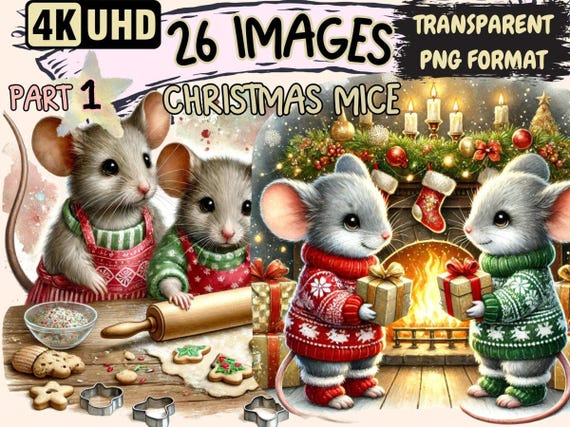 Christmas Mice Clipart – 26 Holiday PNG Illustrations (Digital Download)