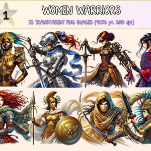 Women Warriors Clipart - 23 PNG Fierce Female Graphics, Heroic Fantasy Battle Illustrations, Instant Digital Download, Commercial Use