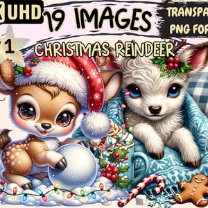 Christmas Reindeer Clipart - 19 PNG Festive Reindeer Graphics, Holiday Deer Printables, Instant Digital Download, Unlimited Commercial Use