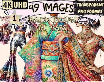 Puede incluir: Un conjunto de ilustraciones digitales de 49 imágenes que muestran a mujeres con diferentes estilos de ropa de varias décadas. El texto "4K UHD 49 IMAGES TRANSPARENT PNG FORMAT PART 1 FASHION THROUGH THE YEARS" se muestra en la parte superior de la imagen.