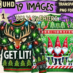 Ugly Sweaters Clipart - 19 PNG Festive Sweater Illustrations, X-Mas Holiday Art, Instant Digital Download, Unlimited Commercial Use Crafts