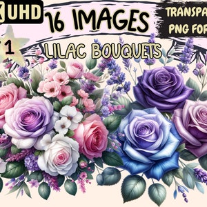 Lilac Bouquets Clipart - 16 PNG Elegant Lilac Graphics, Floral Printables, Instant Digital Download, Unlimited Commercial Use Crafts Designs