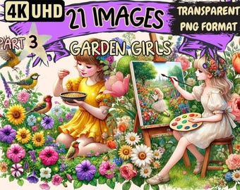 Garden Girls Clipart – 21 PNG Floral Illustrations, Commercial Use (Digital Download)