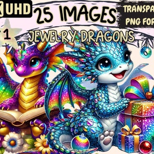 Jewelry Dragons Clipart - 25 PNG Ornate Dragon Illustrations, Fantasy Art, Instant Digital Download, Unlimited Commercial Use for Crafts