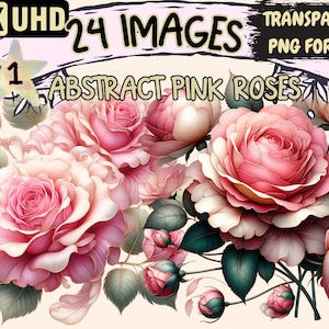 Abstract Pink Roses Clipart - 24 PNG Artistic Rose Graphics, Modern Floral Printables, Instant Digital Download, Unlimited Commercial Use