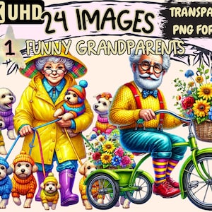 Funny Grandparents Clipart - 24 PNG Humorous Grandparent Illustrations, Whimsical Art, Instant Digital Download, Unlimited Commercial Use