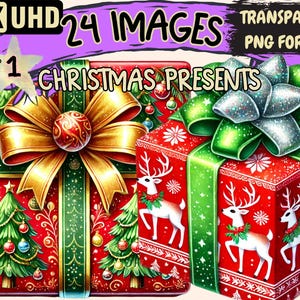 Christmas Presents Clipart - 24 PNG Festive Gift Illustrations, Holiday Art, Instant Digital Download, Unlimited Commercial Use for Crafts