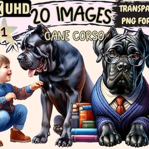 Cane Corso Clipart Bundle - 20 PNG Cute Black Puppy Graphics, Adorable Dog Printables, Instant Digital Download, Unlimited Commercial Use