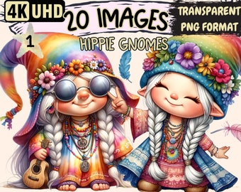 Hippie Gnomes Clipart - 20 PNG Hipster Boho Gnome Graphics, Cute Punk Gnomes Printables, Instant Digital Download, Unlimited Commercial Use