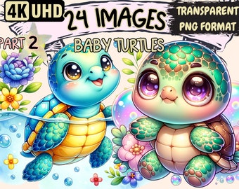 Baby Turtles (P2) Clipart Bundle - 24 PNG Cute Turtle Graphics,Little Tortoise Printables,Instant Digital Download,Unlimited Commercial Use