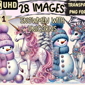 Snowmen with Unicorns Clipart - 28 PNG Winter Fantasy Illustrations, Holiday Art, Instant Digital Download, Unlimited Commercial Use Crafts
