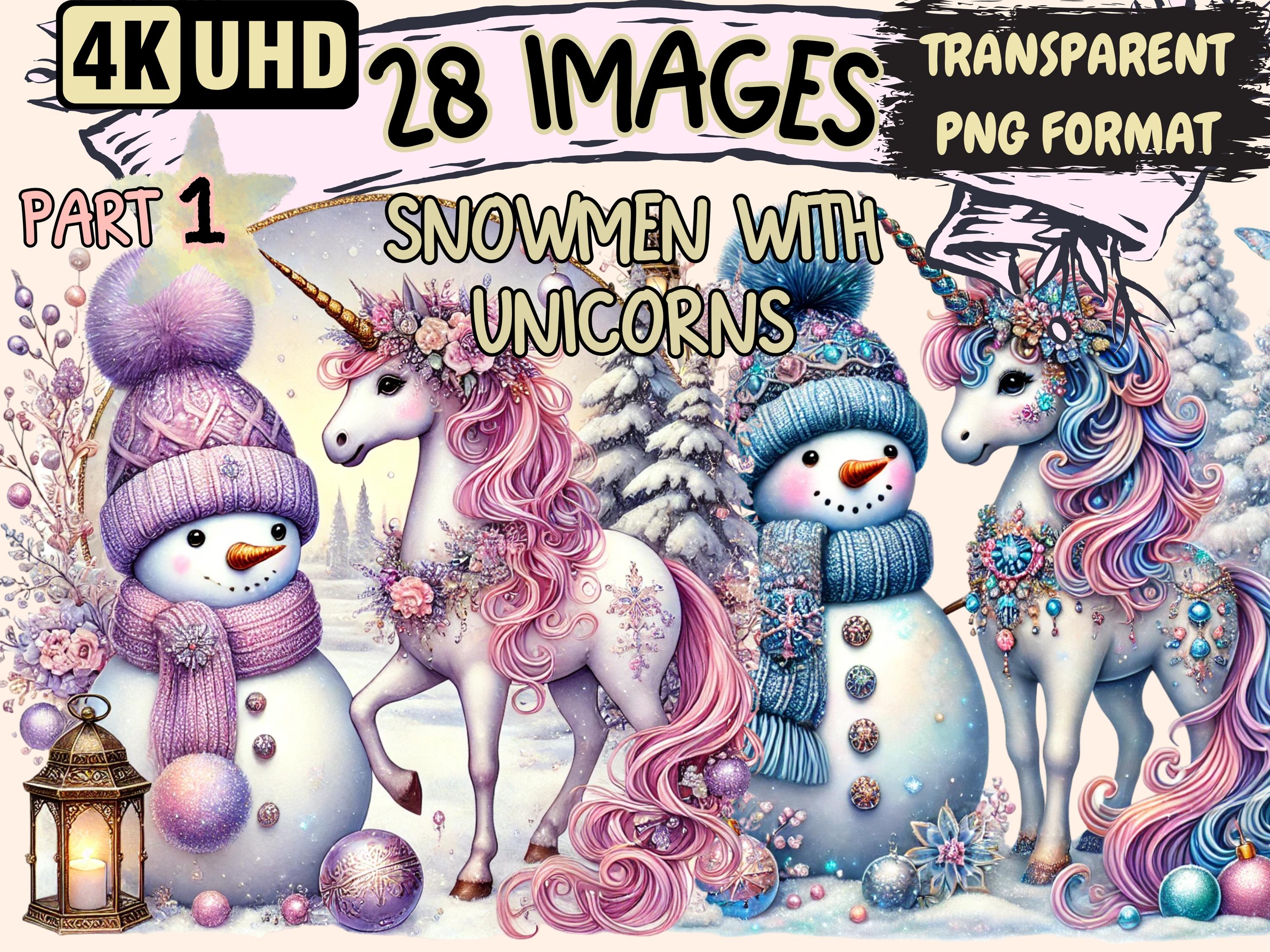 Snowmen and Unicorns Clipart – Winter Fantasy PNG Illustrations ...
