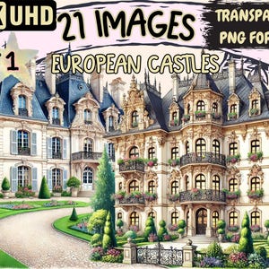 European Castles Clipart - 21 PNG Historic Castle Graphics, Medieval Fortress Printables, Instant Digital Download, Unlimited Commercial Use