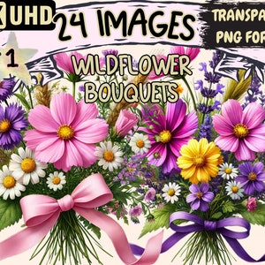 Wildflower Bouquets Clipart - 24 PNG Elegant Floral Graphics, Botanical Printables, Instant Digital Download,Unlimited Commercial Use Crafts
